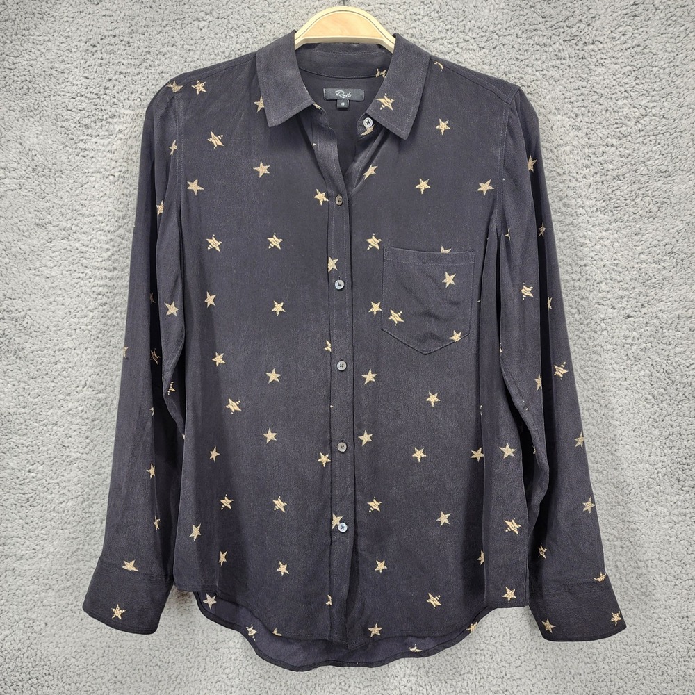 Rails Kate Noir Animal Stars 100% Silk Button Down Shirt Black Gold XS